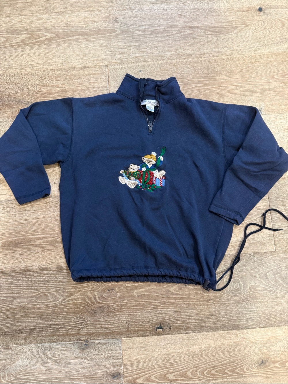 Women’s vintage Navy Half-Zip Pullover with Holiday Bear Motif